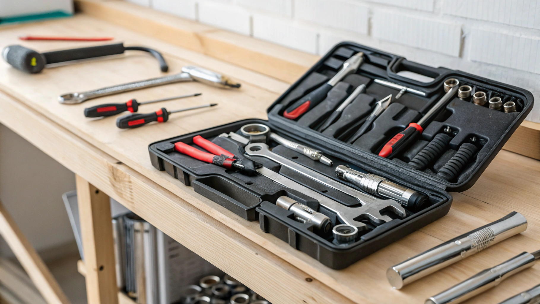 Organized renovation and plumbing tool kit laid out in bright daylight
